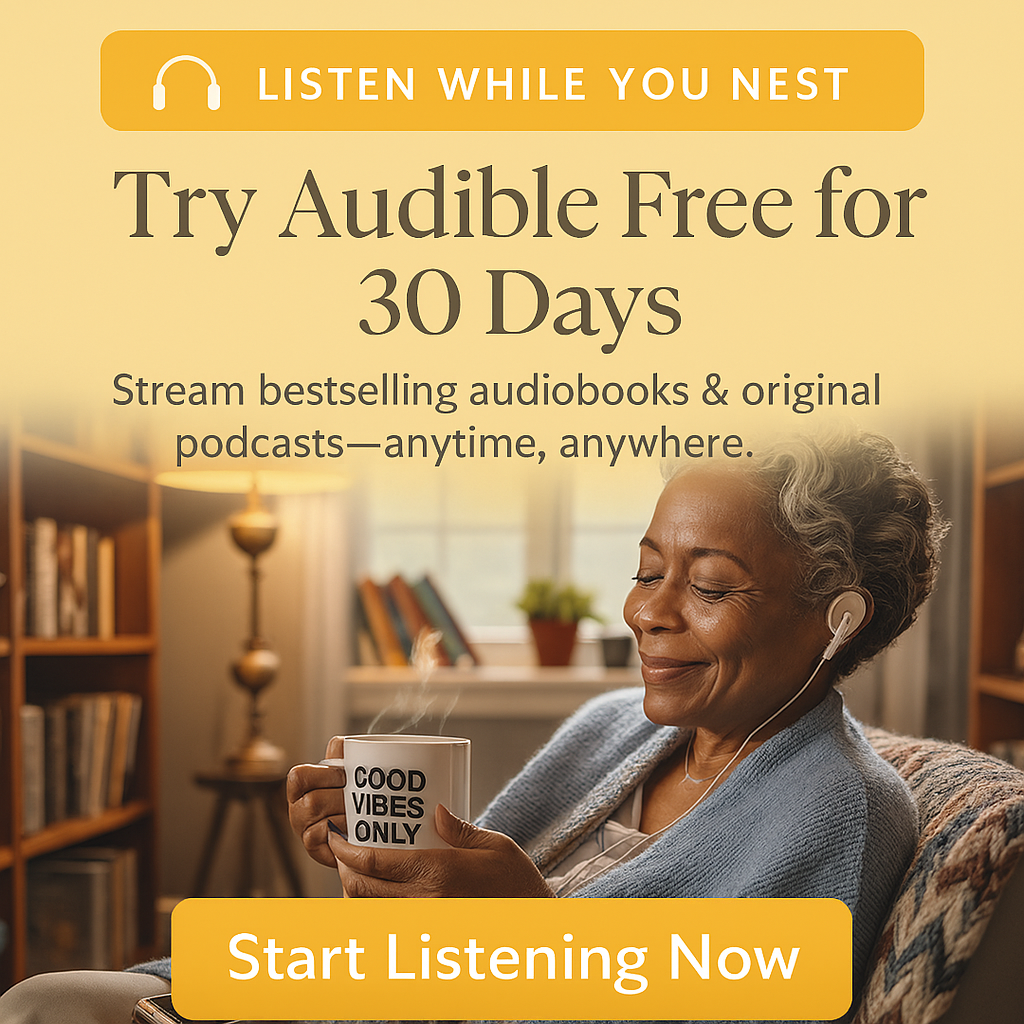 A woman with curly hair smiling while holding a coffee mug that says 'GOOD VIBES ONLY.' She is wearing headphones and is in a cozy indoor setting with bookshelves in the background. The text encourages trying Audible for free for 30 days.