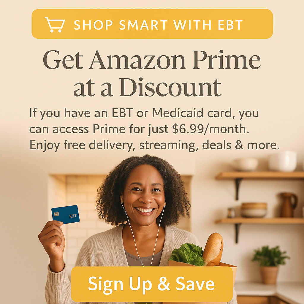 A woman smiling while holding a grocery bag and an EBT card, with text promoting a discount on Amazon Prime for EBT and Medicaid card holders.