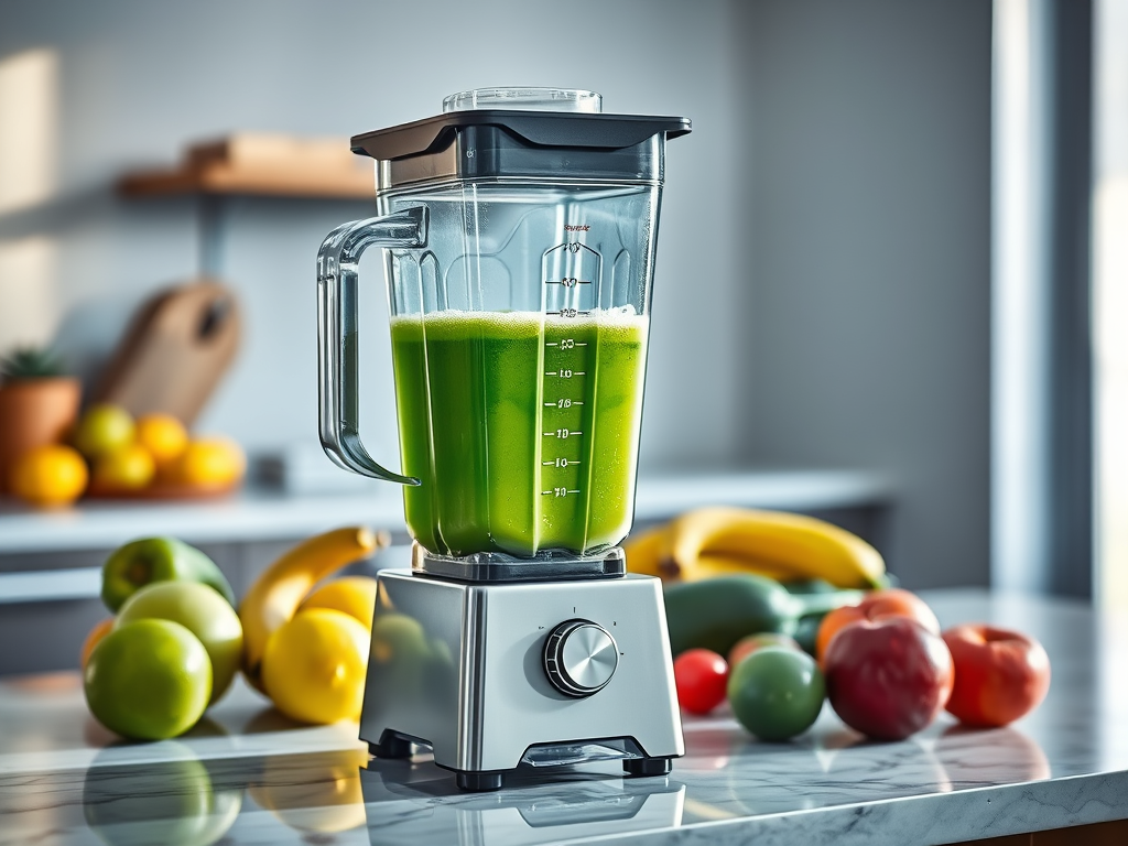 A high-powered blender filled with green juice sits on a kitchen countertop, surrounded by a variety of fresh fruits including lemons, bananas, and apples.