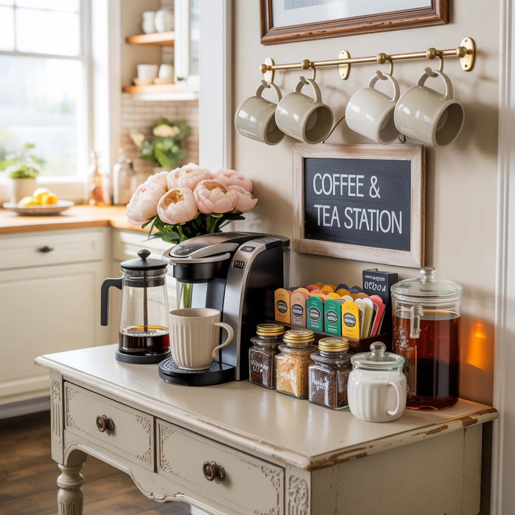 A cozy coffee and tea station featuring a coffee maker, floral arrangement, and neatly organized tea and coffee supplies on a rustic table.