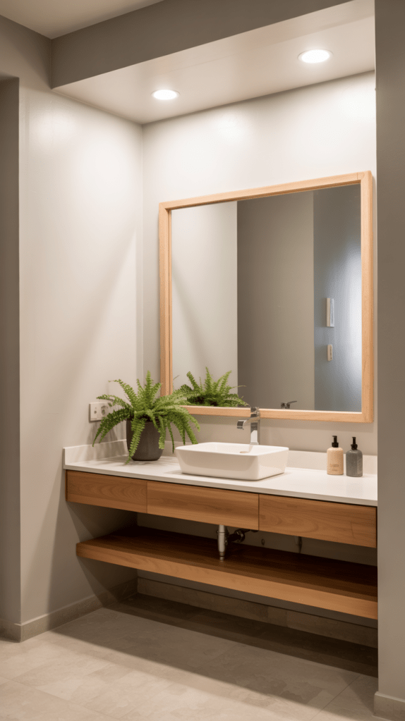 A modern bathroom featuring a wooden vanity with a sink, a large mirror framed in wood, and recessed ceiling lights. There's a green potted plant on the countertop, and a few bottles of soap and lotion beside the sink.