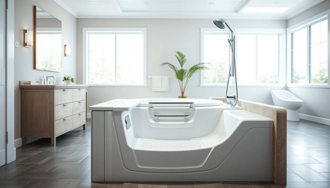 Cozy, Modern Neutral Bathroom with Walk-In Tub
