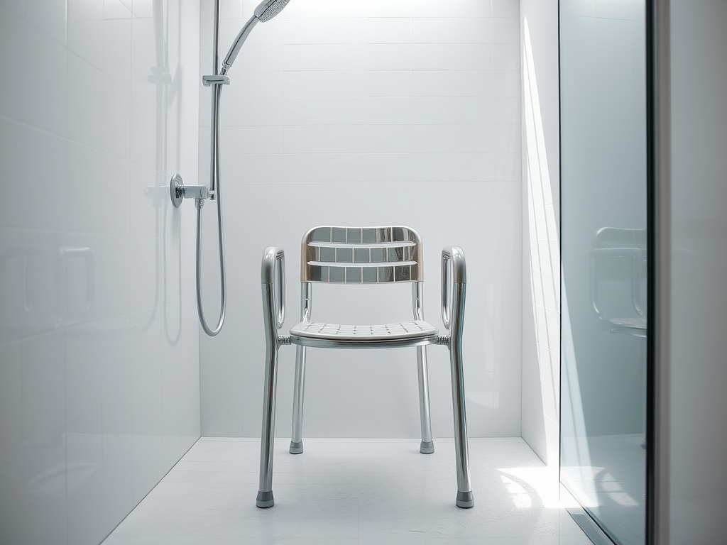 An older woman stepping out of a shower with a towel wrapped around her, smiling in a bathroom setting.